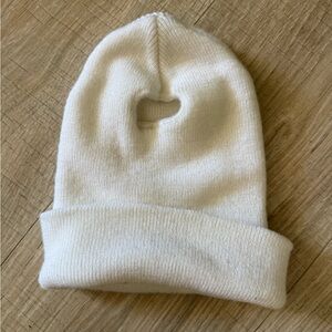 White Knit Beanie with Heart-Shaped Ponytail Hole